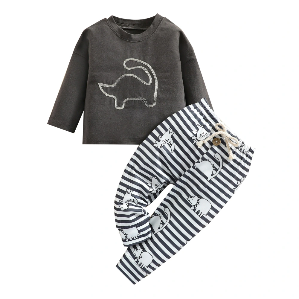 Animal Pattern Long Sleeve Sweatshirt + Tie-up Striped Trousers