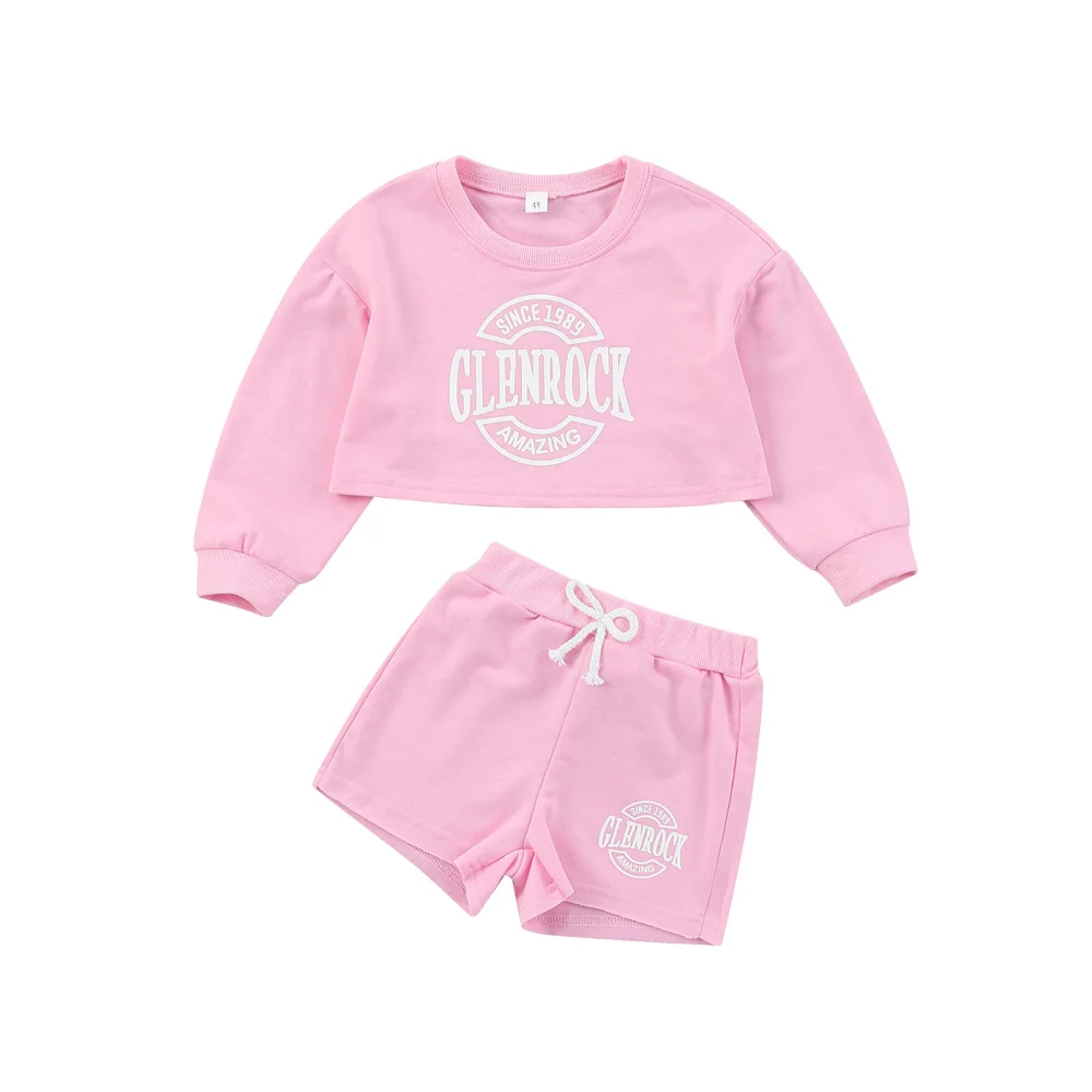 Kid Girl Outfit Set Geometric Pattern Letter Print Sweatshirt Shorts 