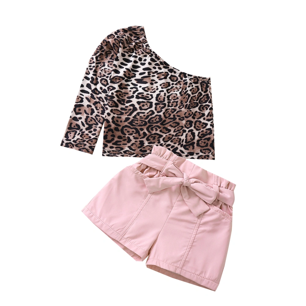 Girl’s Leopard Oblique Shoulder Long Sleeve Tops and Bandage Shorts