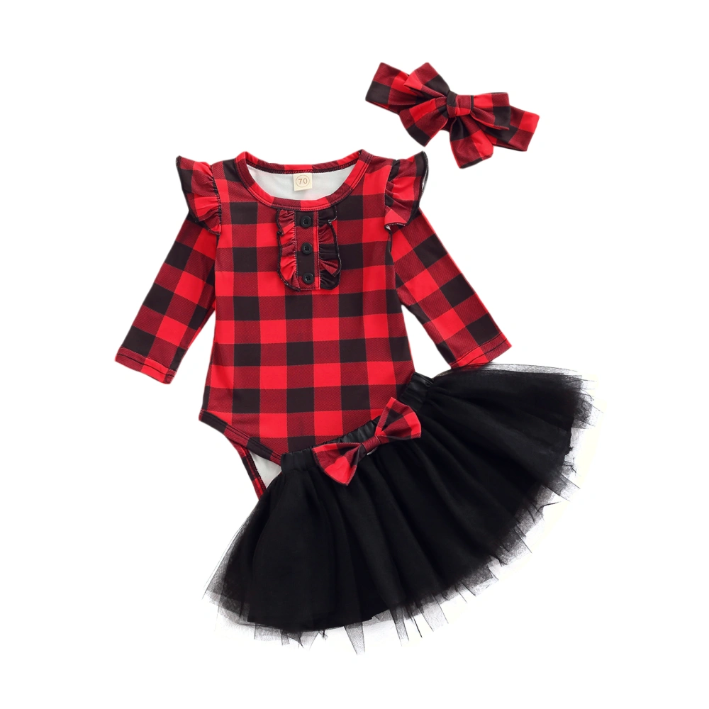 Baby Suit Set, Plaid Round Neck Long Sleeve Romper+ Skirt+ Headband