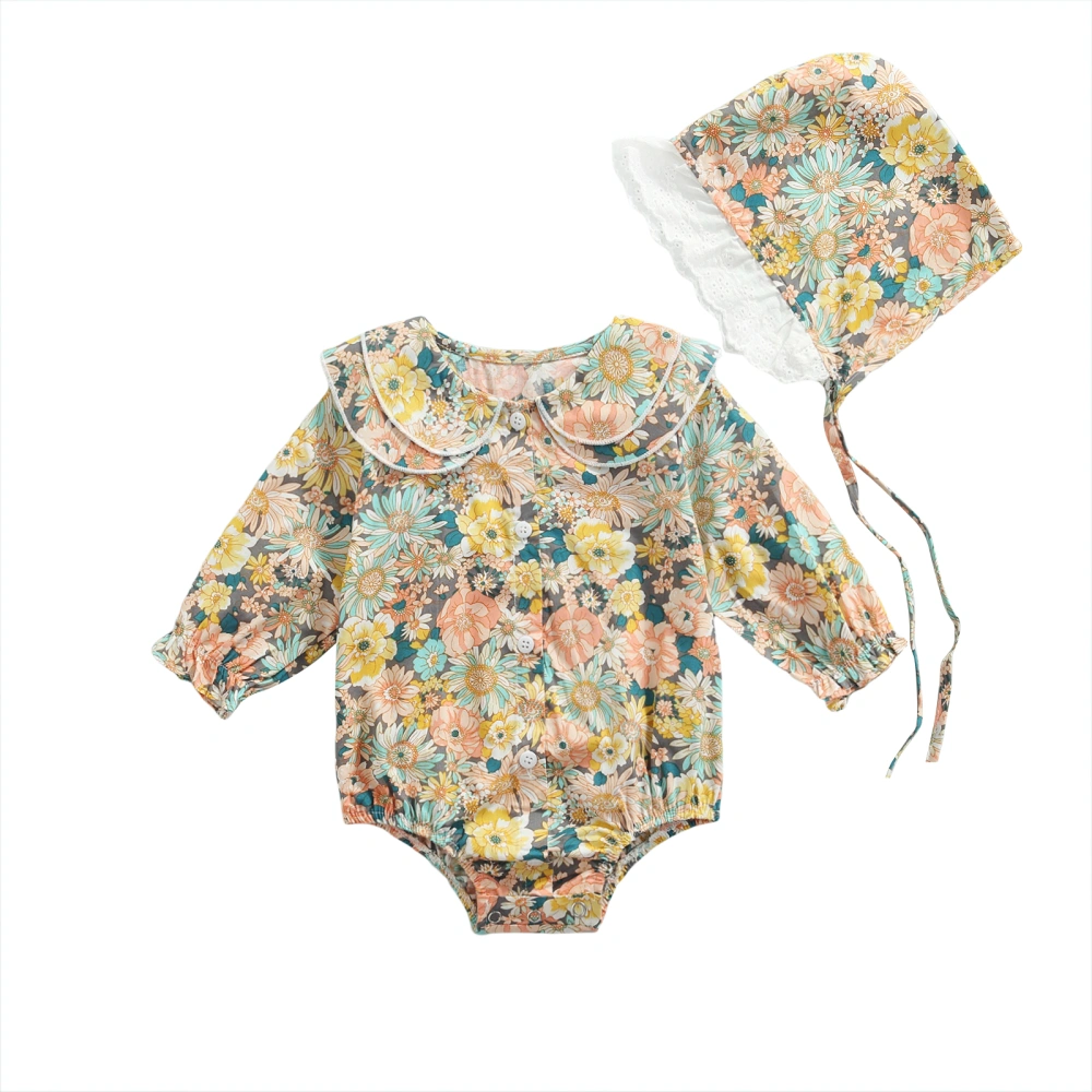 Baby Girls Two-piece Clothes Set, Floral Printed Pattern Long Sleeve Romper and Cap, Beige/ Yellow