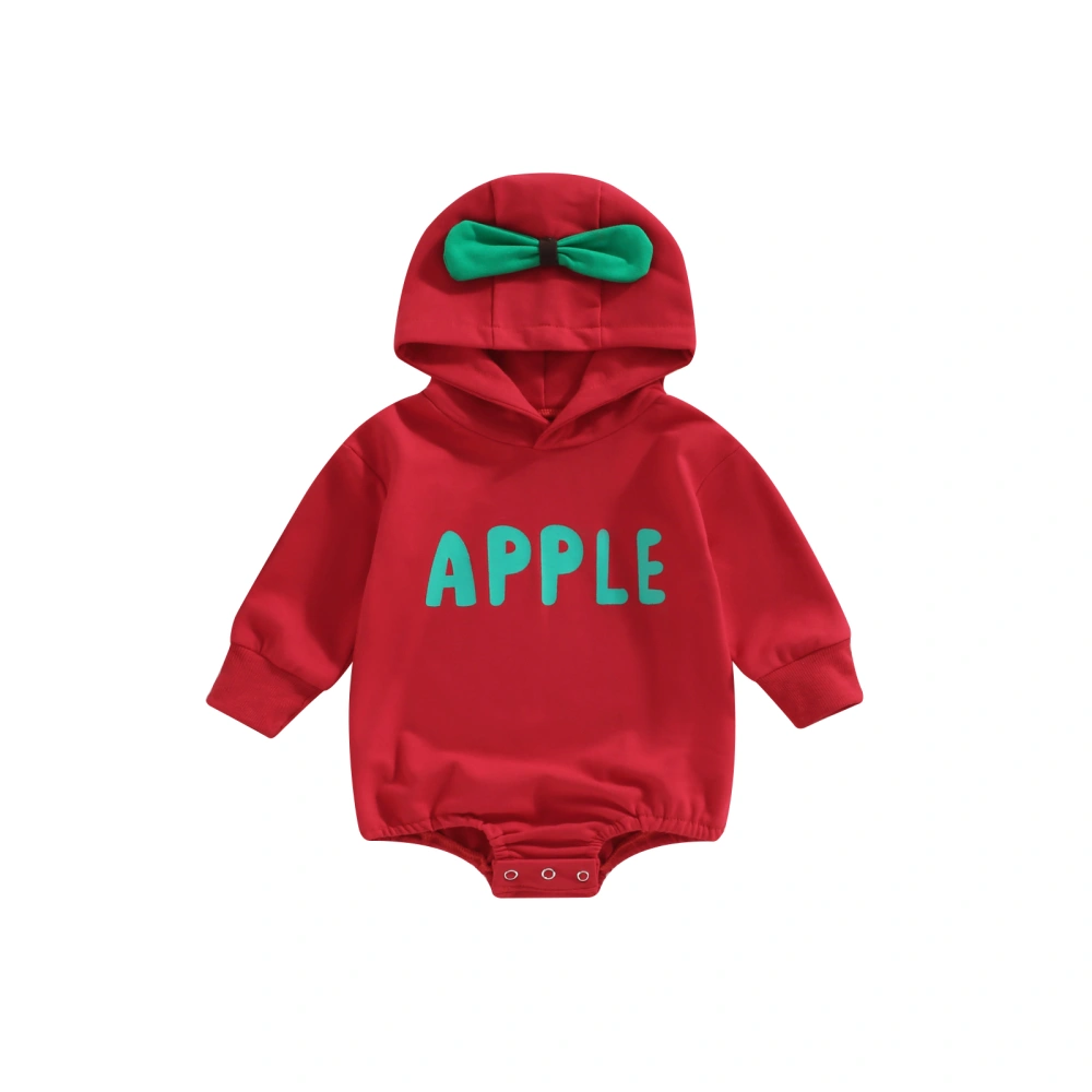 Baby Fall Rompers, Apple Letters Print Hooded Jumpsuit with Snaps