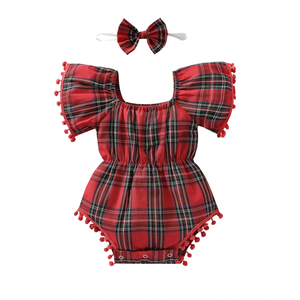 Baby Girl’s Plaid Plush Balls Long Sleeve Romper and Headband