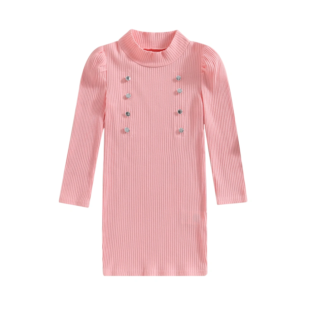 Kids Girl Fall Ribbed Dress Solid Color Button Long Sleeves Dress 