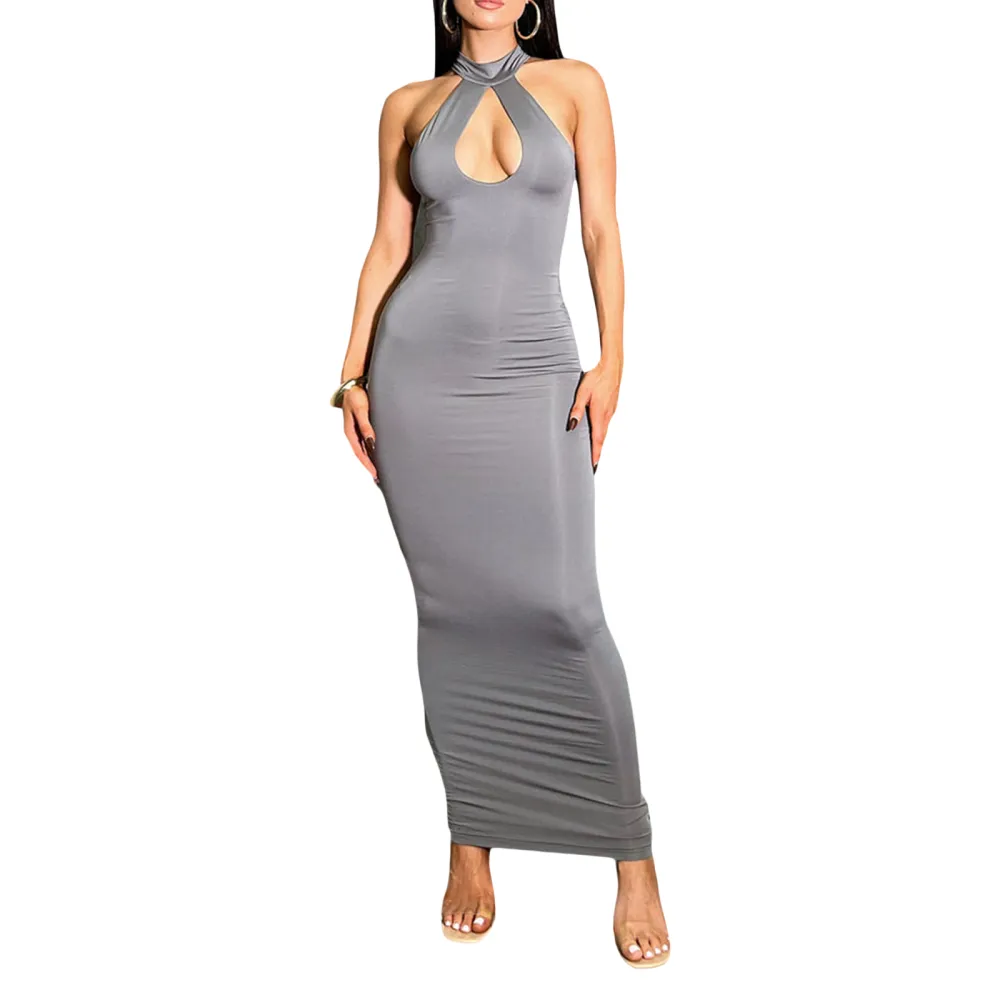 Women Long Bodycon Dress Solid Color Halter Neck Hollow-Out Dress