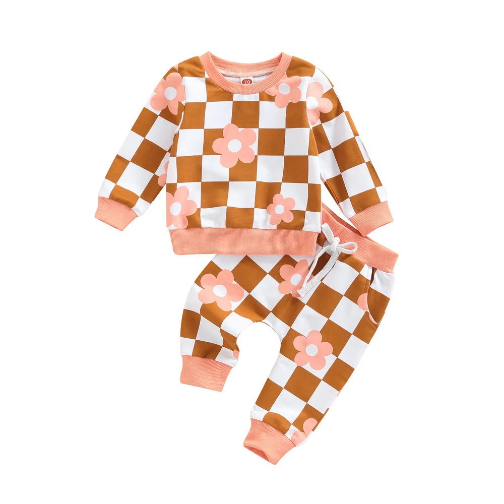 Toddler Girls Suit, Checkerboard Flower Long Sleeve Tops+Long Pants