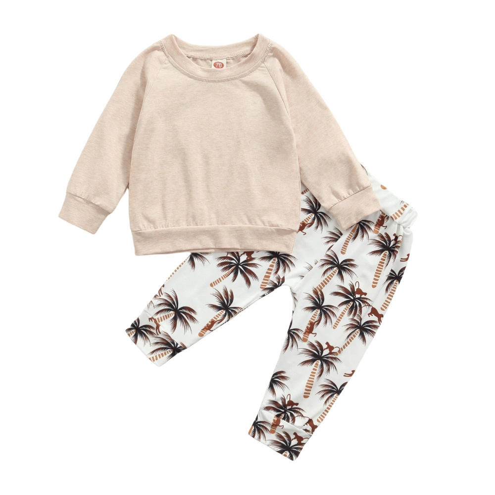 Solid Color Long Sleeve Pullover + Coconut Palm Print Trousers