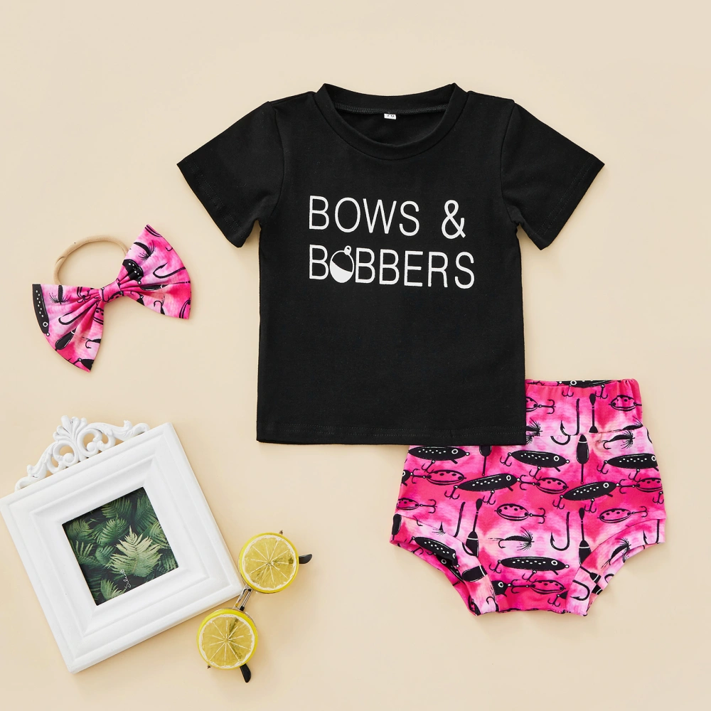 Baby Short Sleeve Tops + Shorts + Bow Headband, Letter Print Clothing