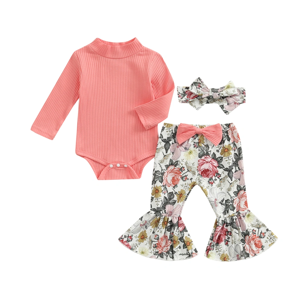 Baby Girl Outfit, Long Sleeve Romper+Floral Long Flared Pants+Headband