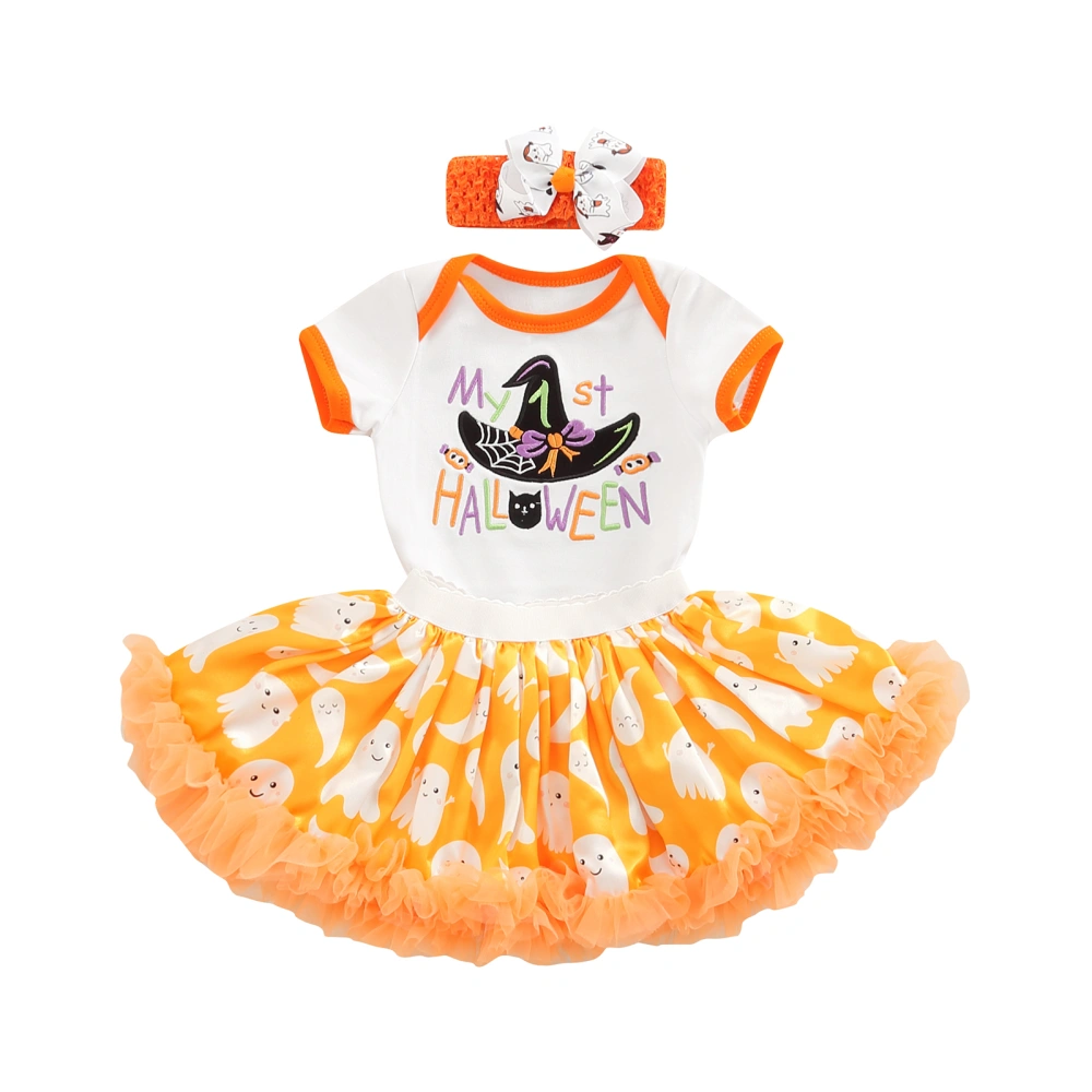 Baby Girls Embroidery Bodysuit + Ghost Print Skirt + Bow Headband