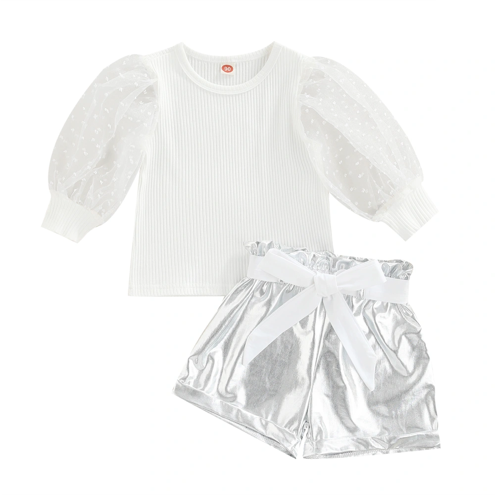 Kid Girls Shorts Set, Long Sleeve Tops with PU Leather Shorts and Belt