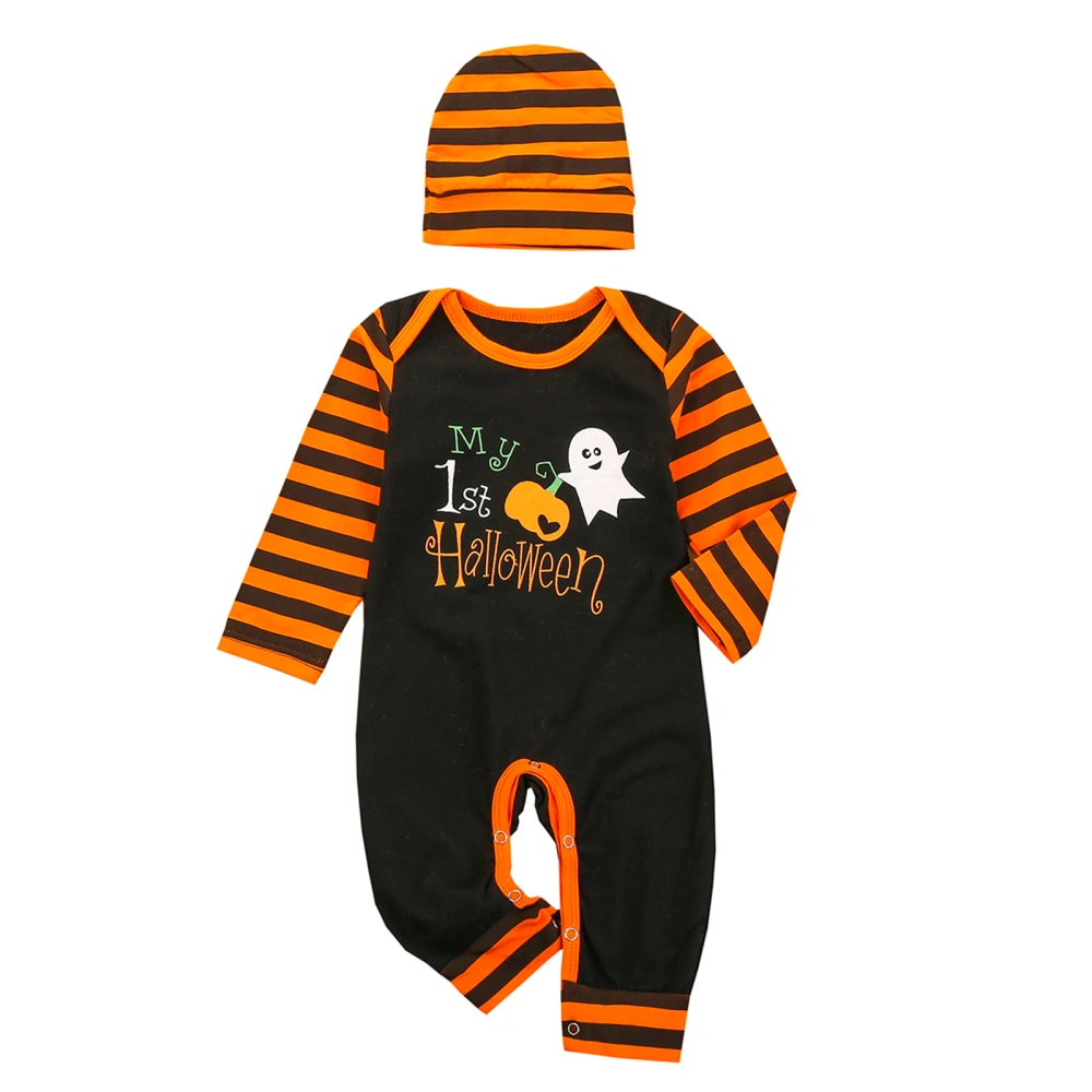 Baby Halloween Outfit, Cartoon Ghost Stripe Long Sleeves Romper + Hat