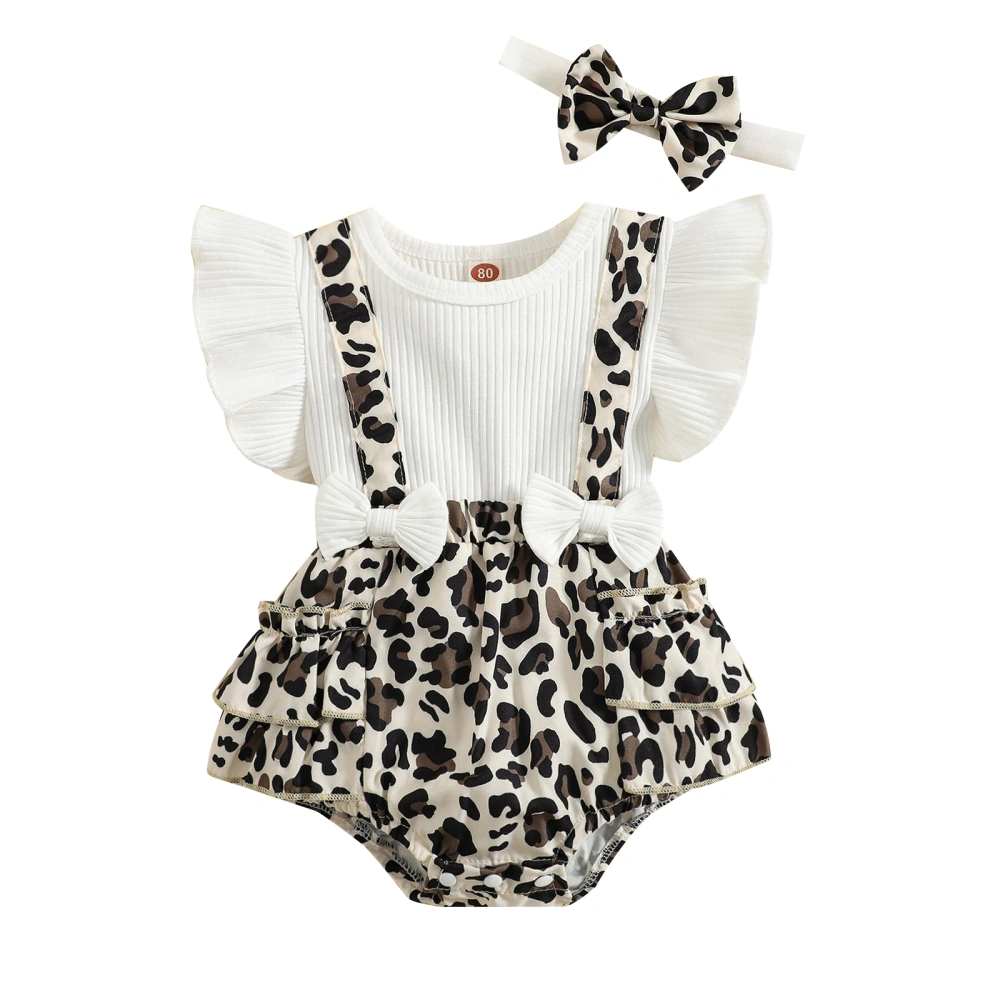 Girls Flying Sleeve Floral/Leopard Print Patchwork Romper + Headband