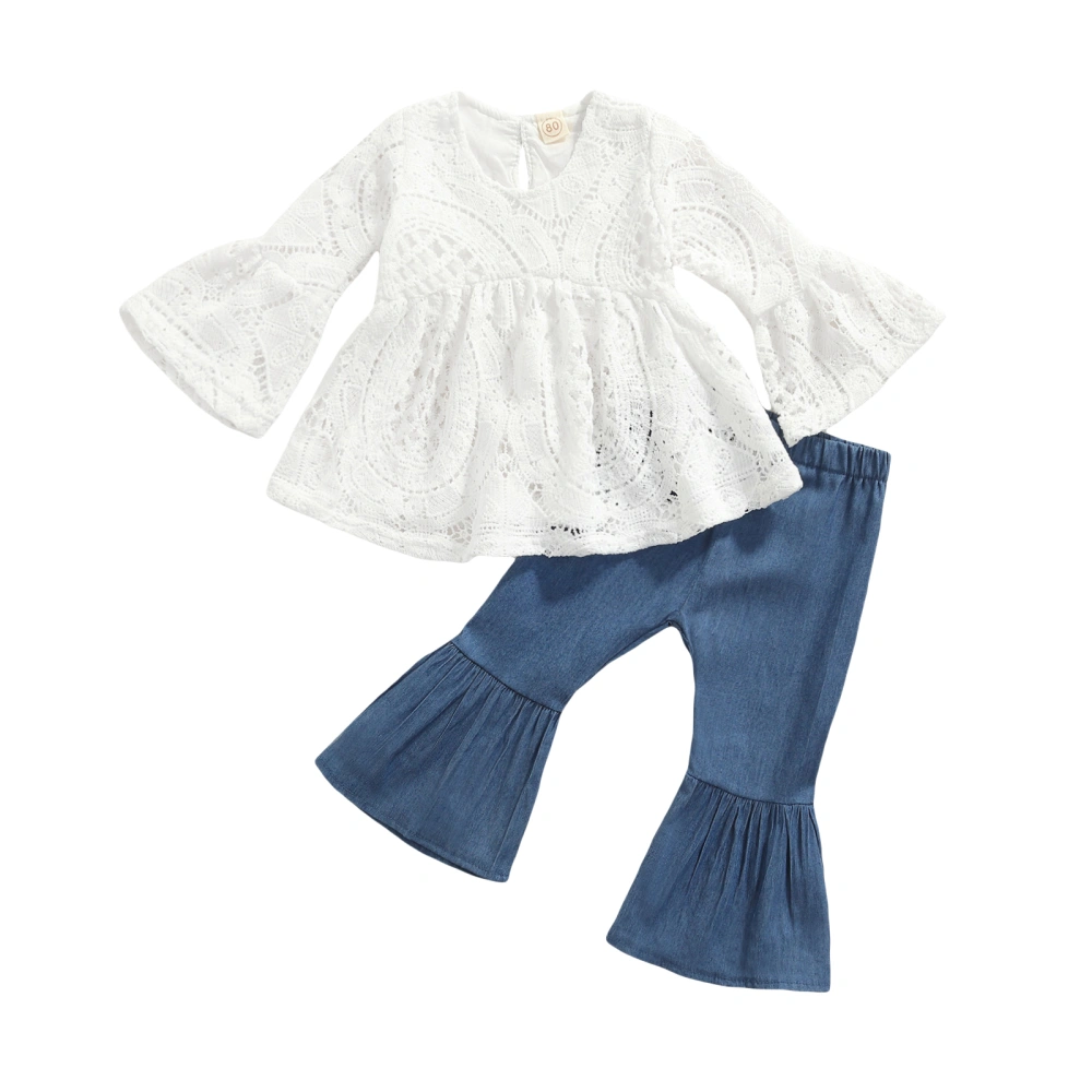 Girls Clothes Set, Hollow Out Tops + Solid Color Flared Trousers