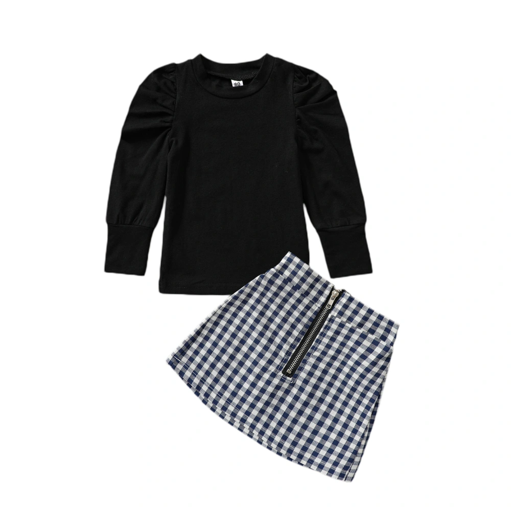 Girl’s Solid Color Long Sleeve T-shirt and Plaid Short Skirt Set