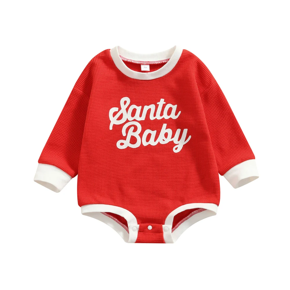 Babies Christmas Romper, Red Letters Print Long Sleeve One-piece