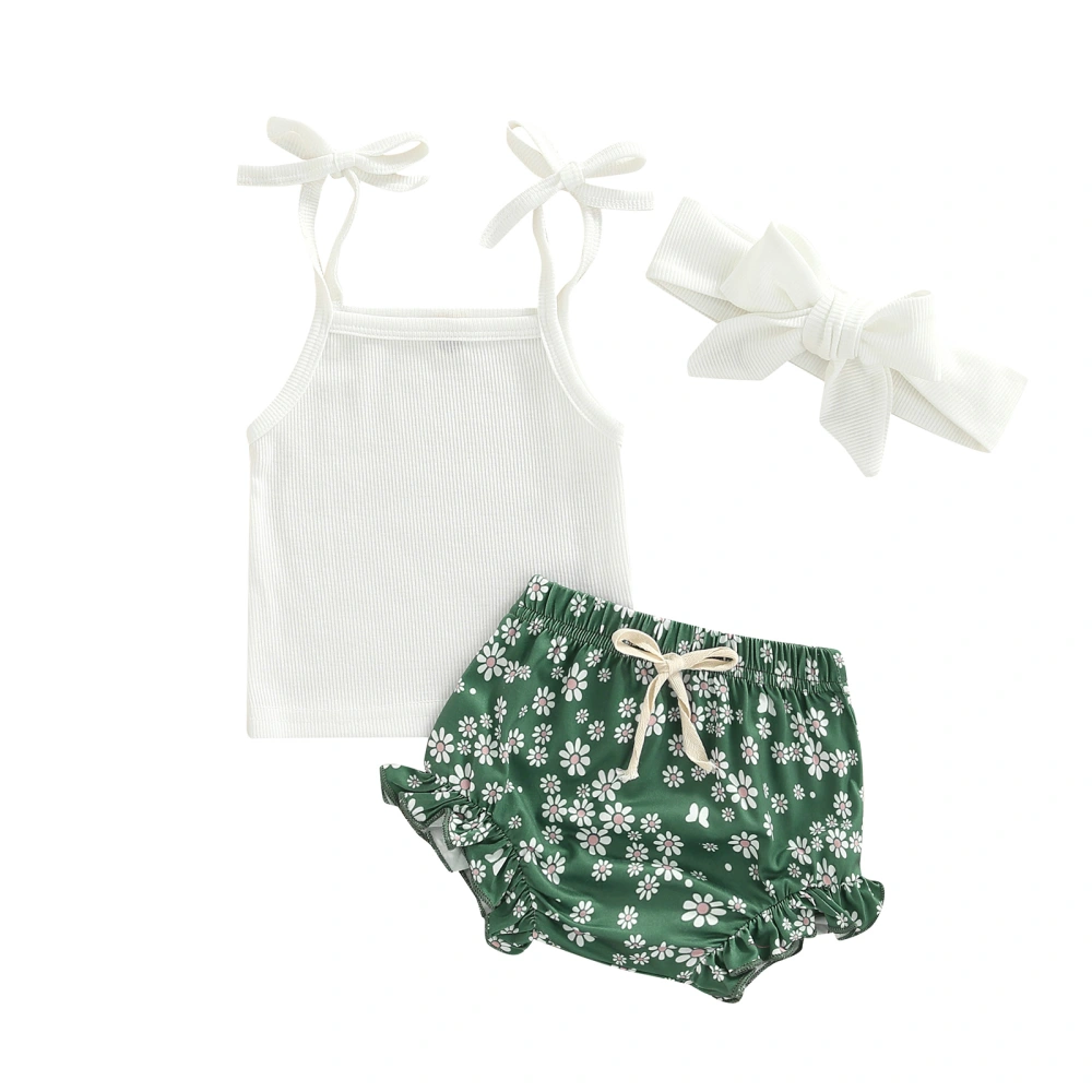 Infant Girls White Ribbed Camisole, Floral Print Shorts and Headdress