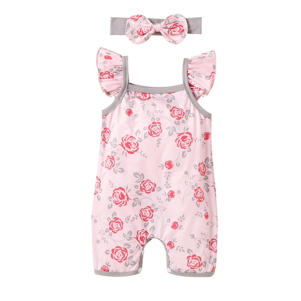 Rose Print Fly Sleeve Square Collar Romper + Bowknot Headband