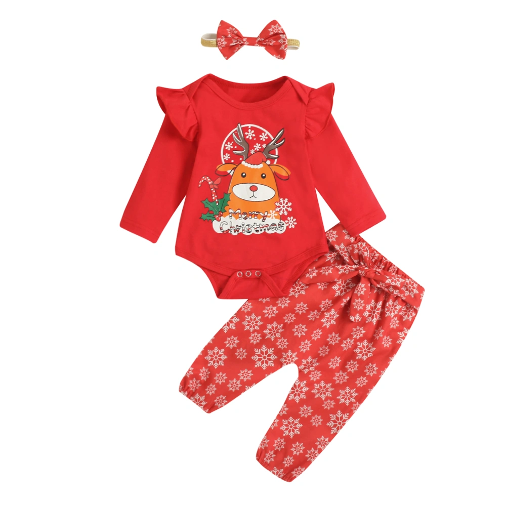 Christmas Elk Print Fly Sleeve Playsuit + Trousers + Bow Headband