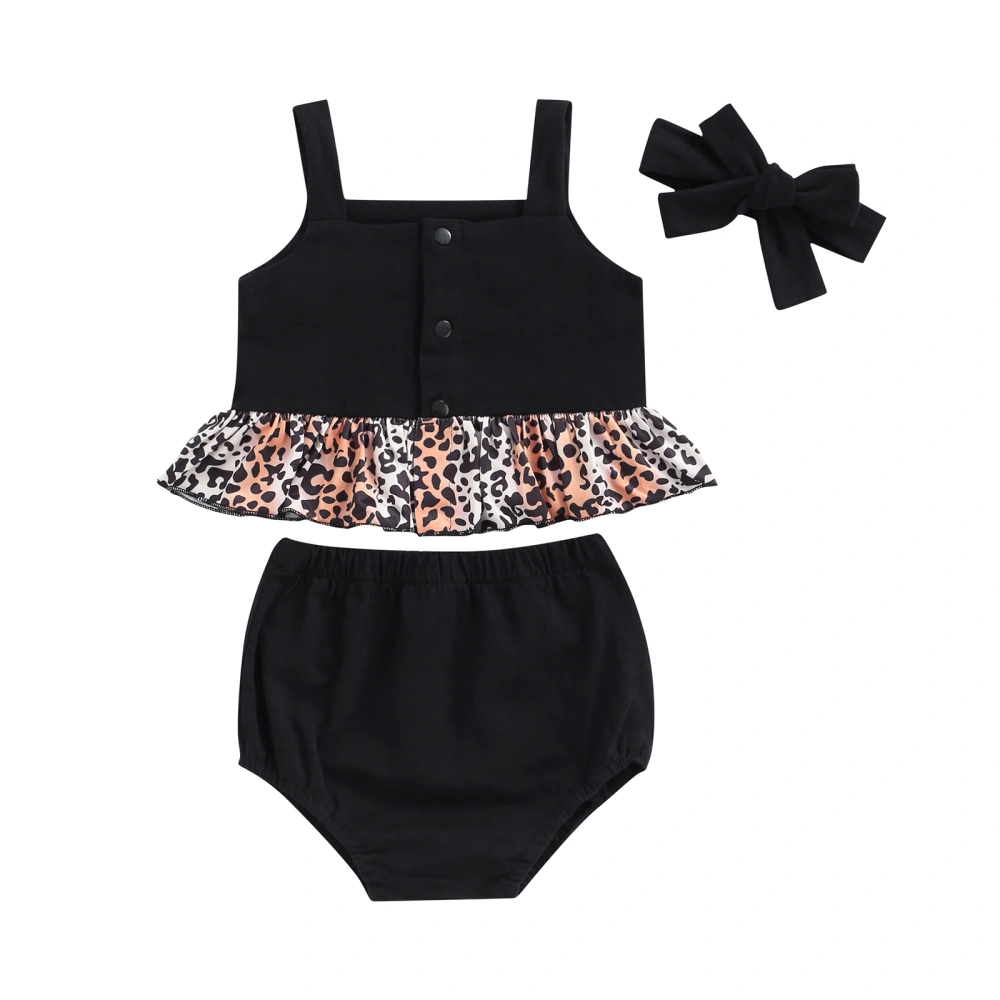 Baby Breeches Suit Leopard Stitching Hem Tops + Shorts+ Headband 