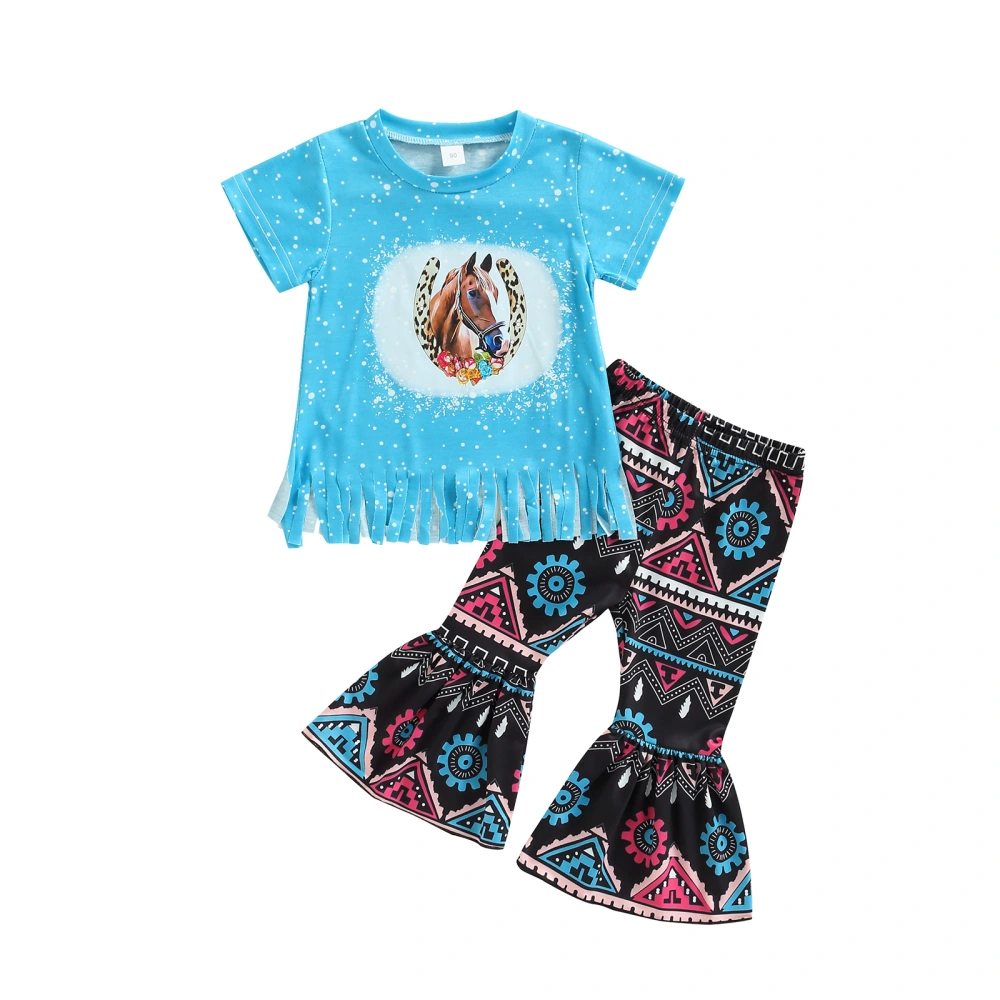 Girls Blue Short Sleeve Horse Print T-shirt + Geometric Flared Pants