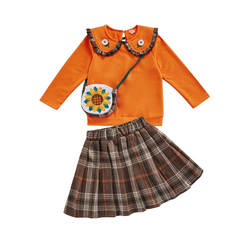 Kids Plaid Peter Pan Collar Long Sleeve Pullover+ Pleated Skirt