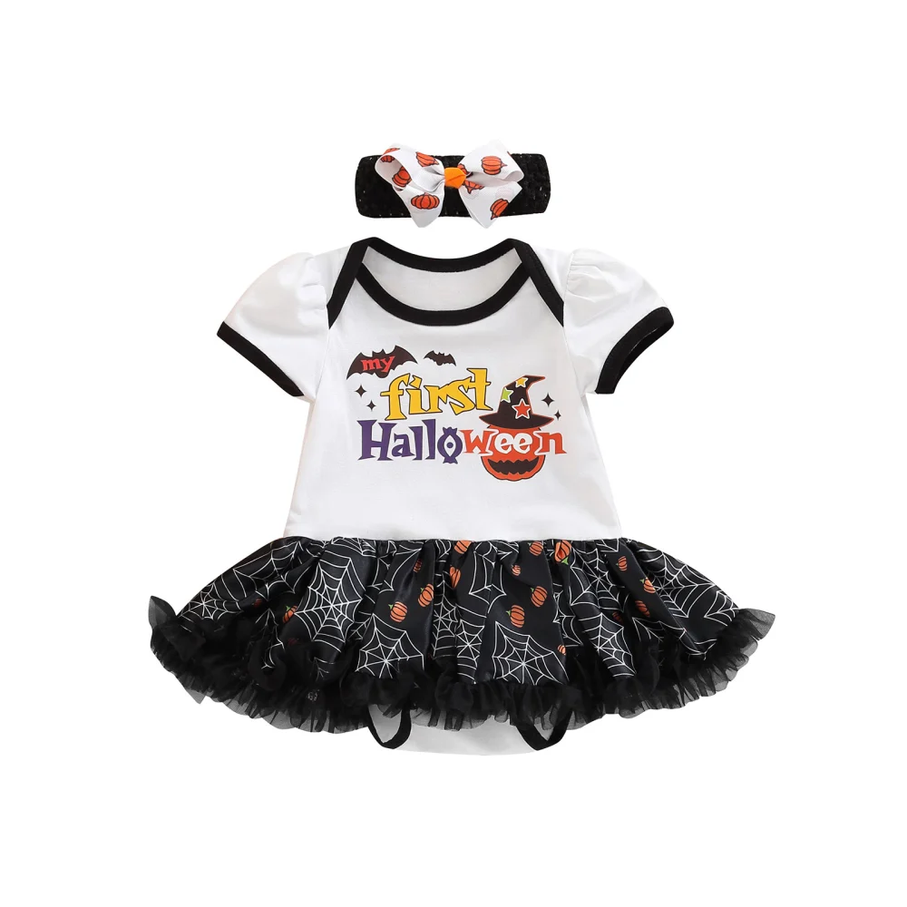 Baby Girl’s Halloween Printed Short Sleeve Romper Skirt & Headband