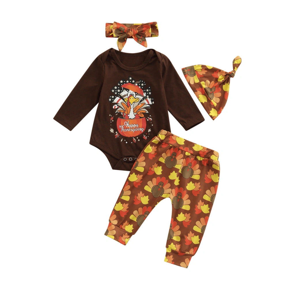 Turkey & Letter Print Long Sleeve Playsuit + Pants + Cap + Headband