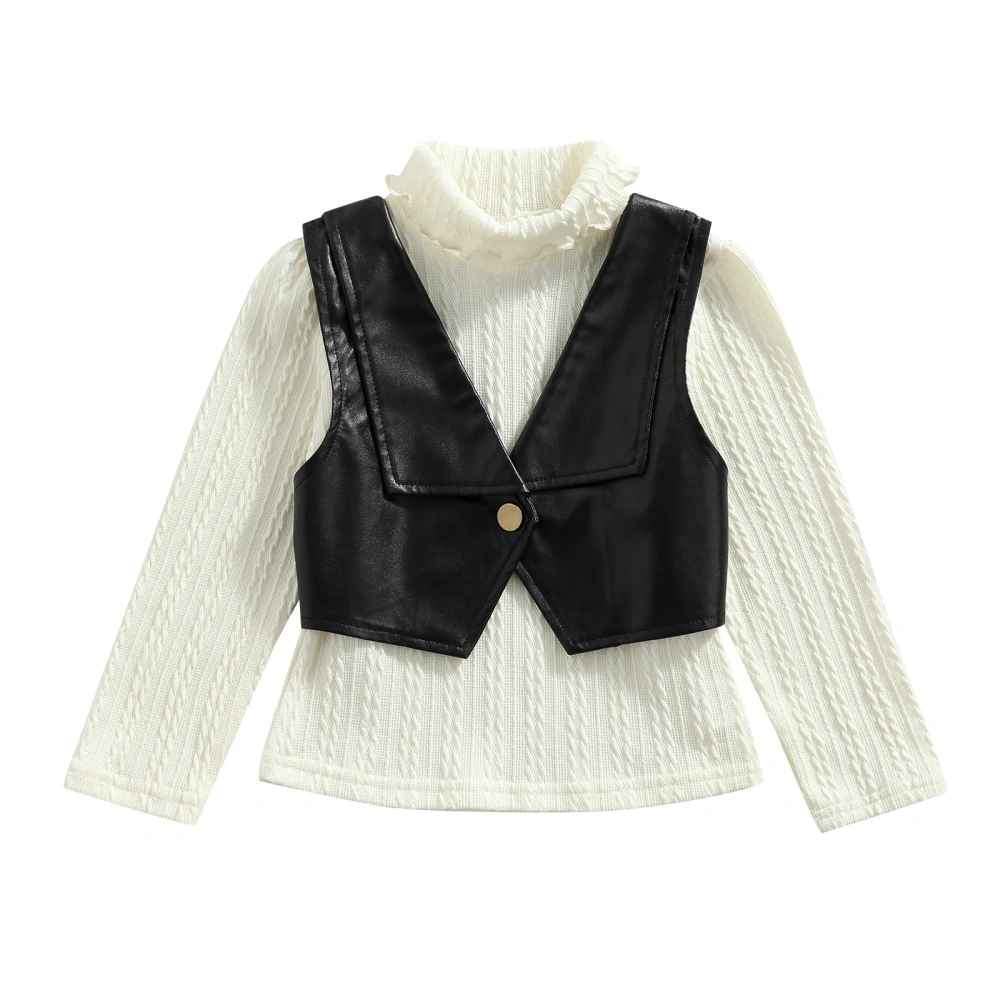 Little Girl’s Solid Color Long Sleeve Knitted Tops with Leather Vest