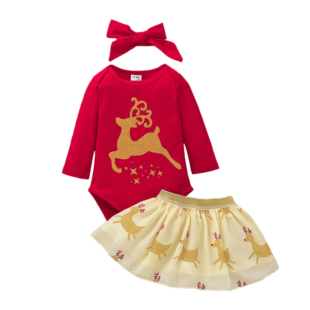 Baby Girl’s Elk Long Sleeve Romper and Short Skirt & Headband Set