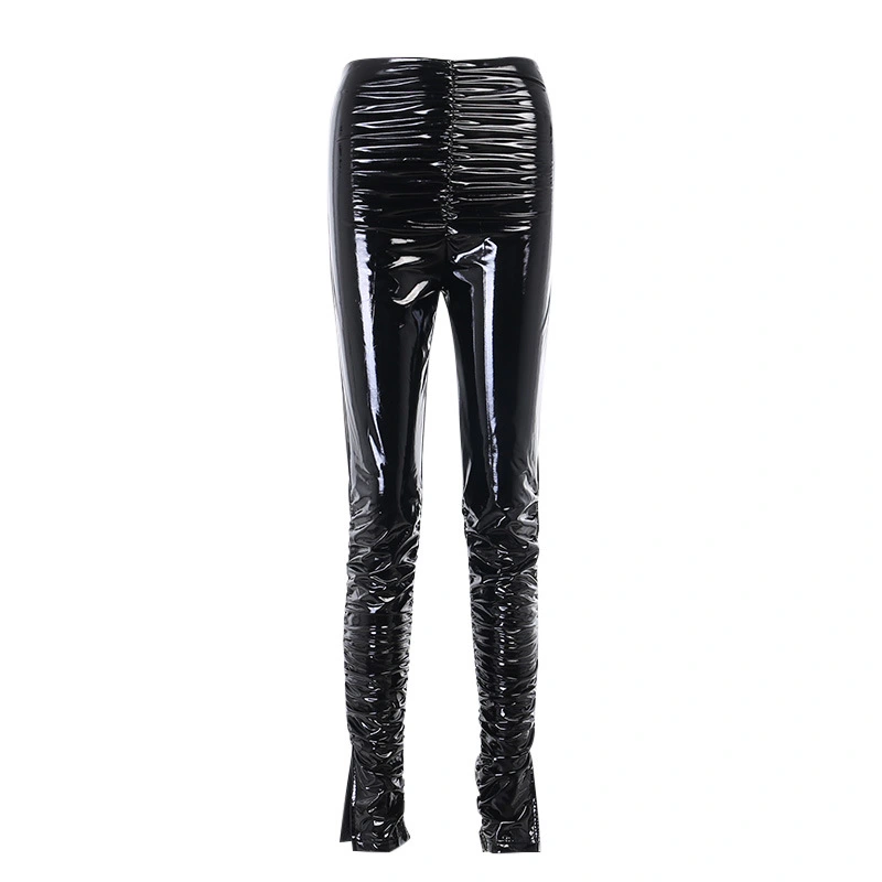 Women Leather Pencil Pants, Solid Color High Waist Slit Ruched Trousers