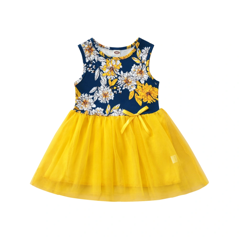 Children Girl Dress, Floral Pattern Round Neck Patchwork Mesh Skirt