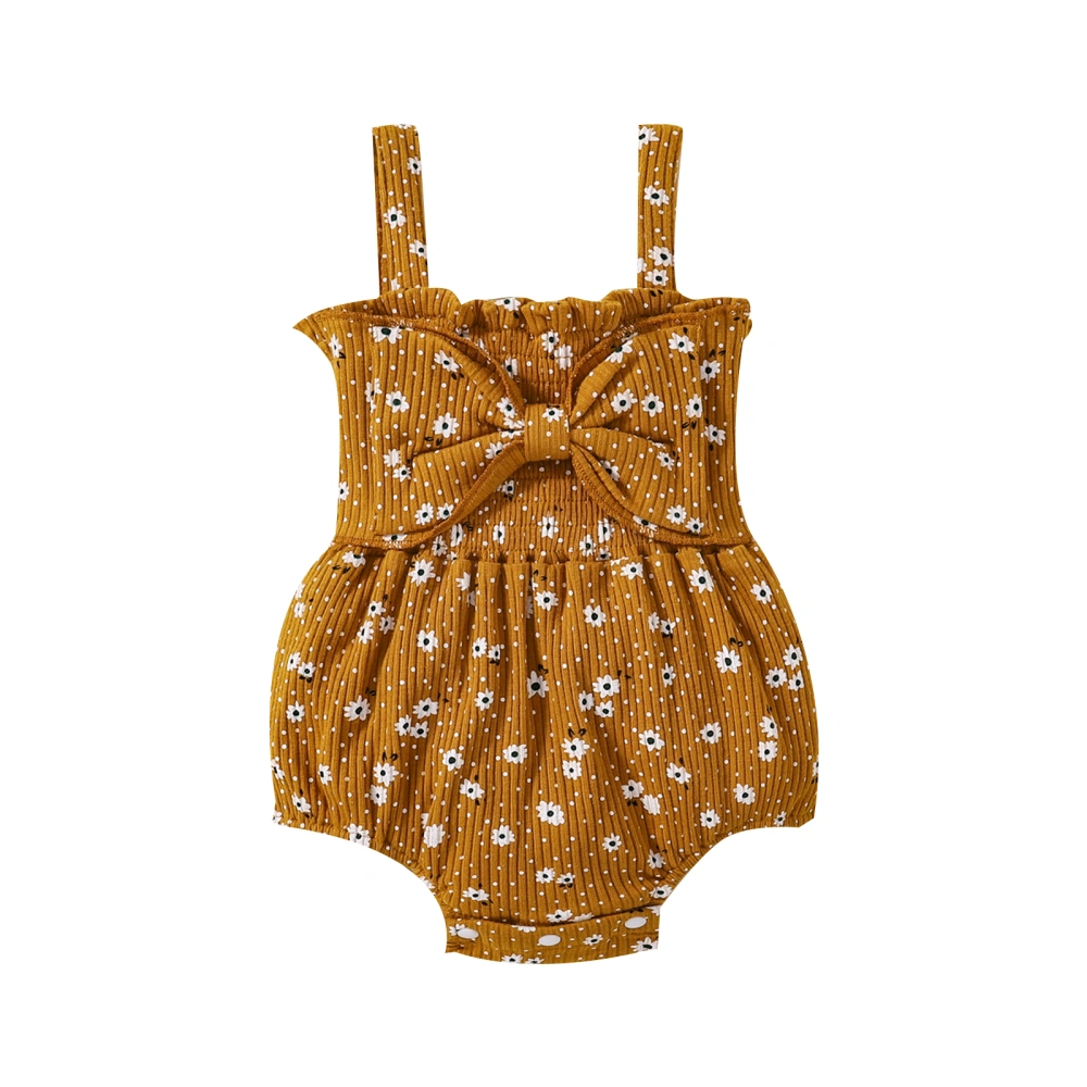 Summer Ribbed Bodysuit, Sleeveless Flower & Dot Print Romper with Bow