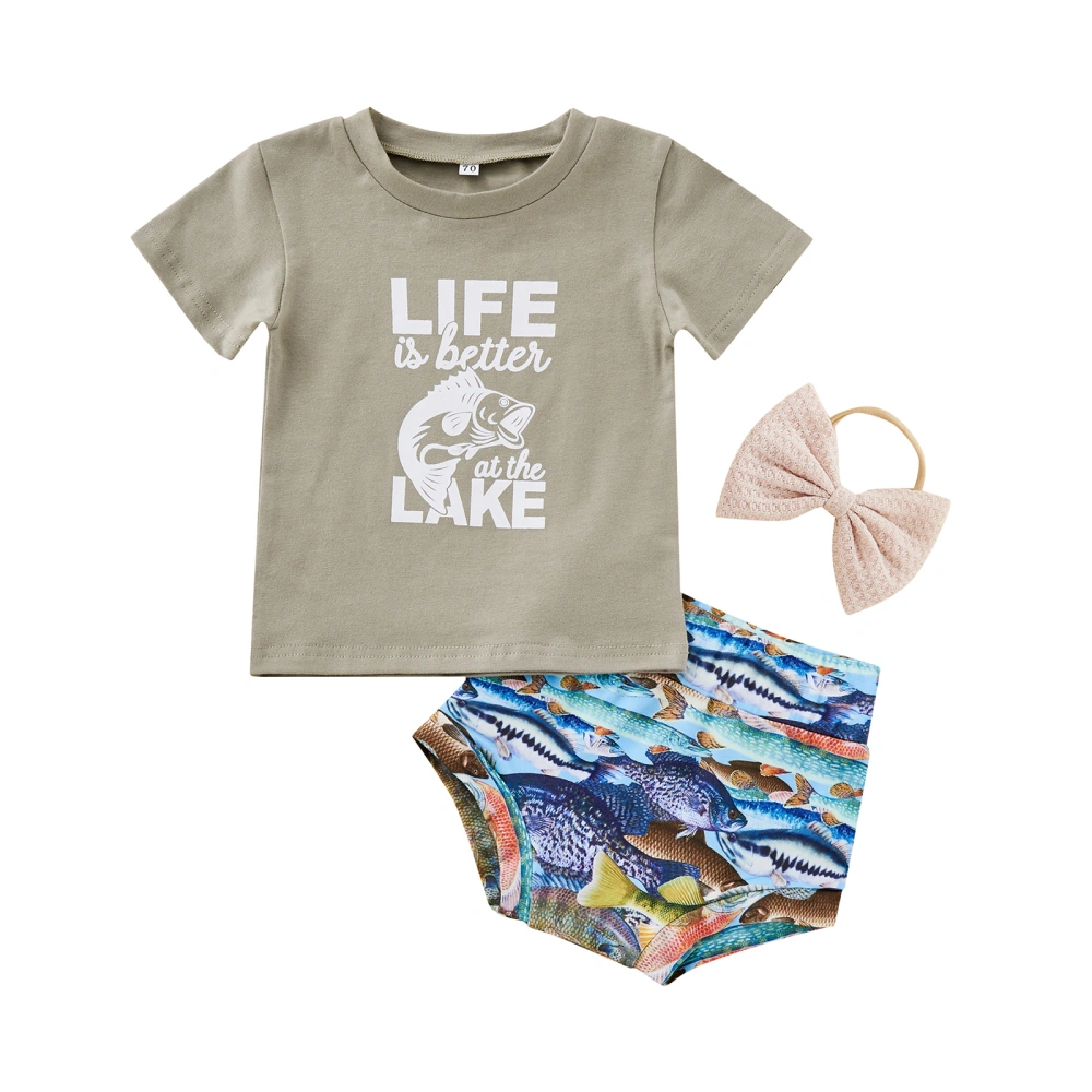 Baby Girl’s Letter Short Sleeve T-shirt and Shark Shorts with Headband