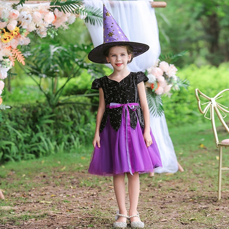 Girls Halloween Cosplay Costume Stars Print Tulle Dress with Witch Hat