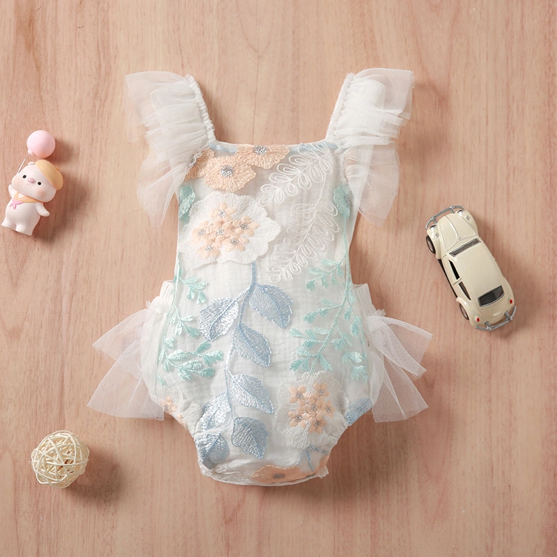 Baby Girl's Romper, Embroidered Flower Backless Tulle Sling Bodysuit