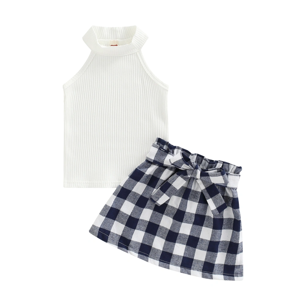 Baby Girls Short Skirt Suit Solid Color Sleeveless Tops Plaid Skirt