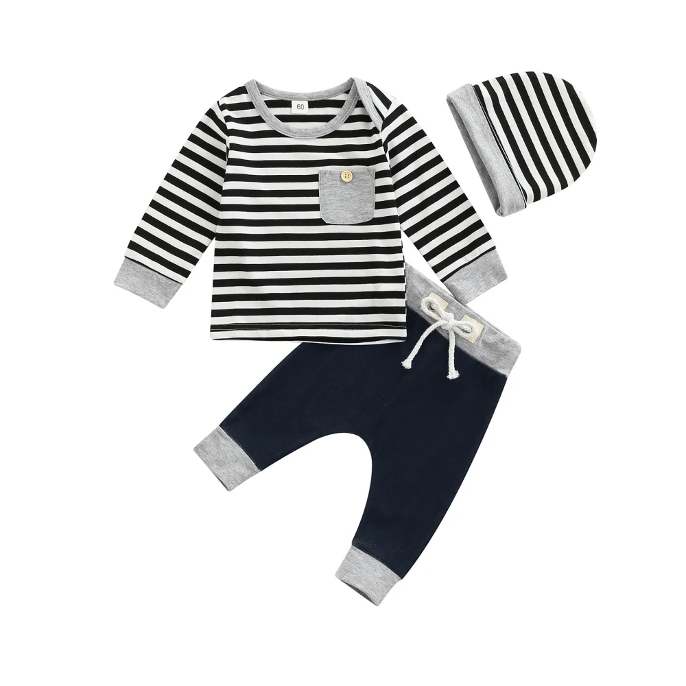 Stripe Print Long Sleeve Pocket Sweatshirt + Drawstring Trousers + Cap