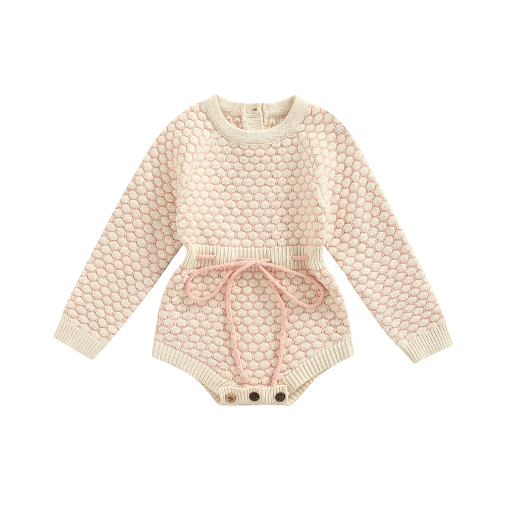 Baby Romper, Contrast Color Round Neck Long Sleeve Bandage Bodysuit