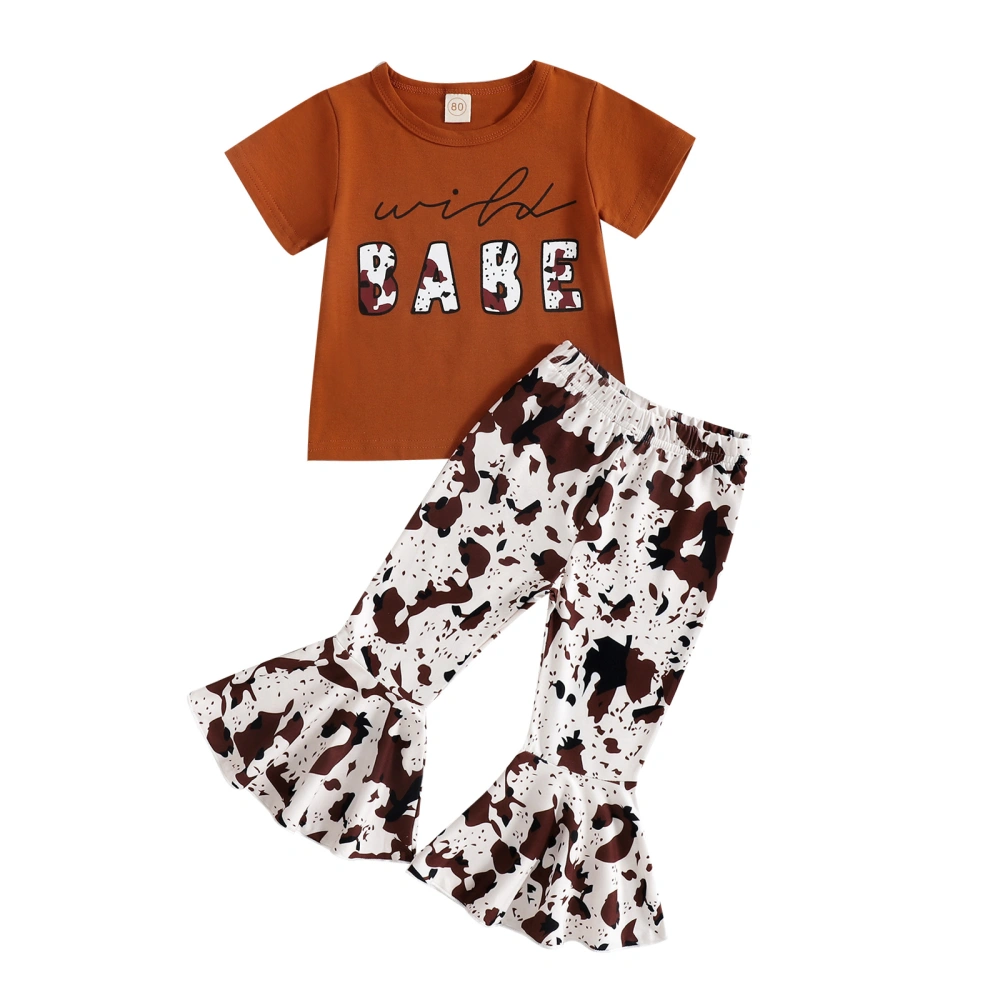 Kids Girls Suit, Short Sleeve Letter Tops+Cow Printed Flared Pants