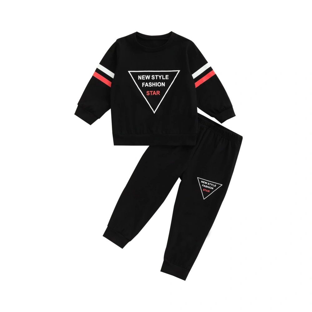 Boys Clothes Set, Black Printing Pullover and Elastic Waist Trousers