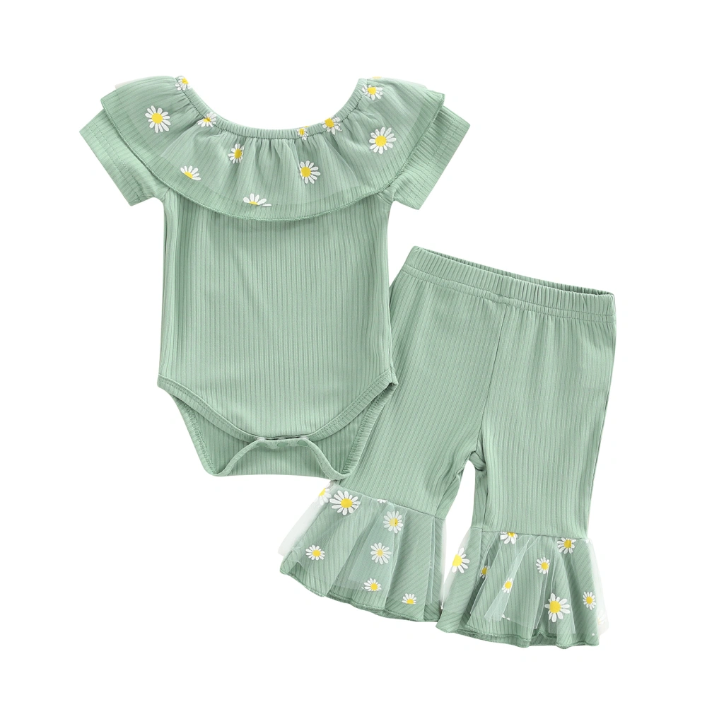 Baby Girls Pants Set Short Sleeve Romper with Flower Print Flare Pants