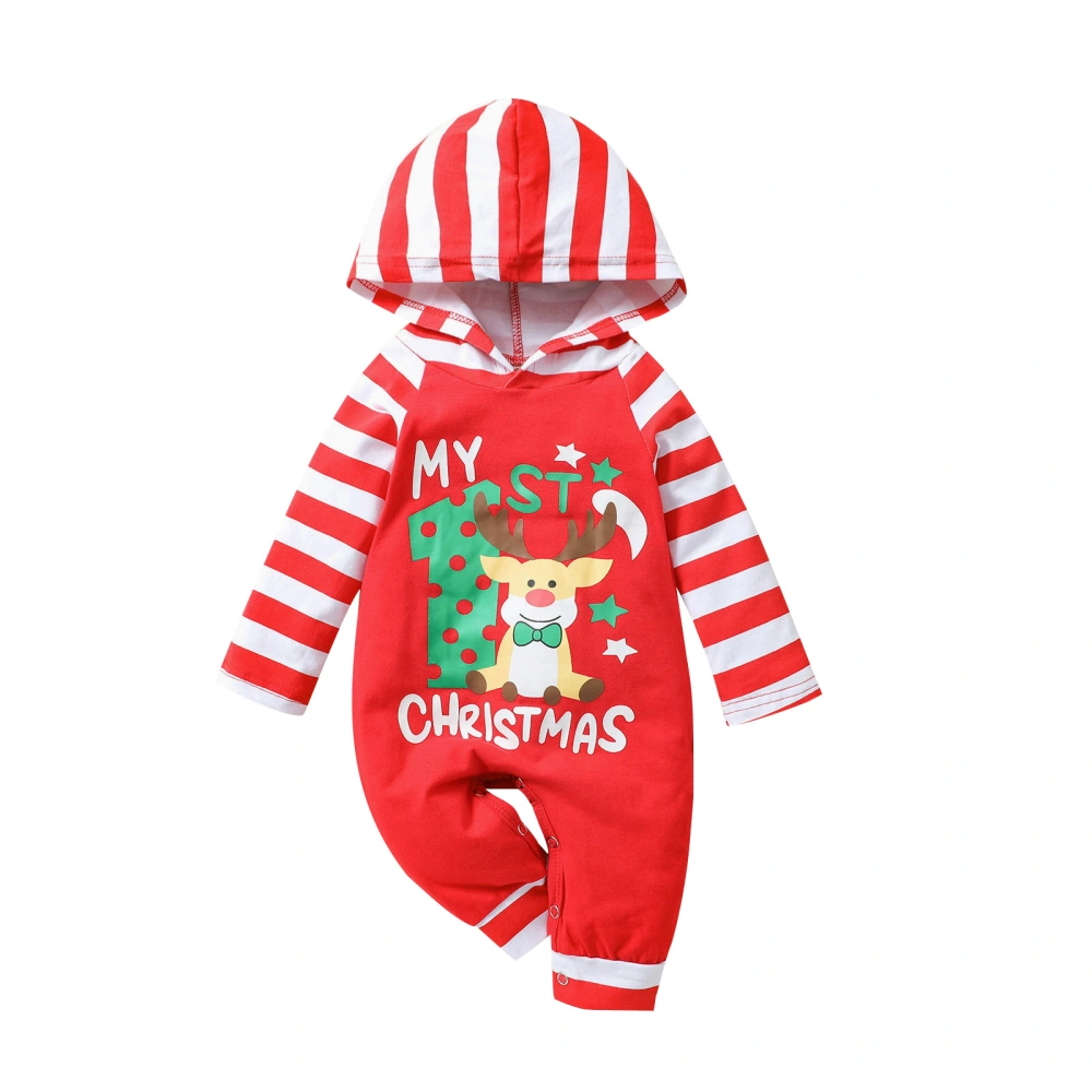 Babies Christmas Romper, Letters and Stripe Print Hooded Jumpsuit