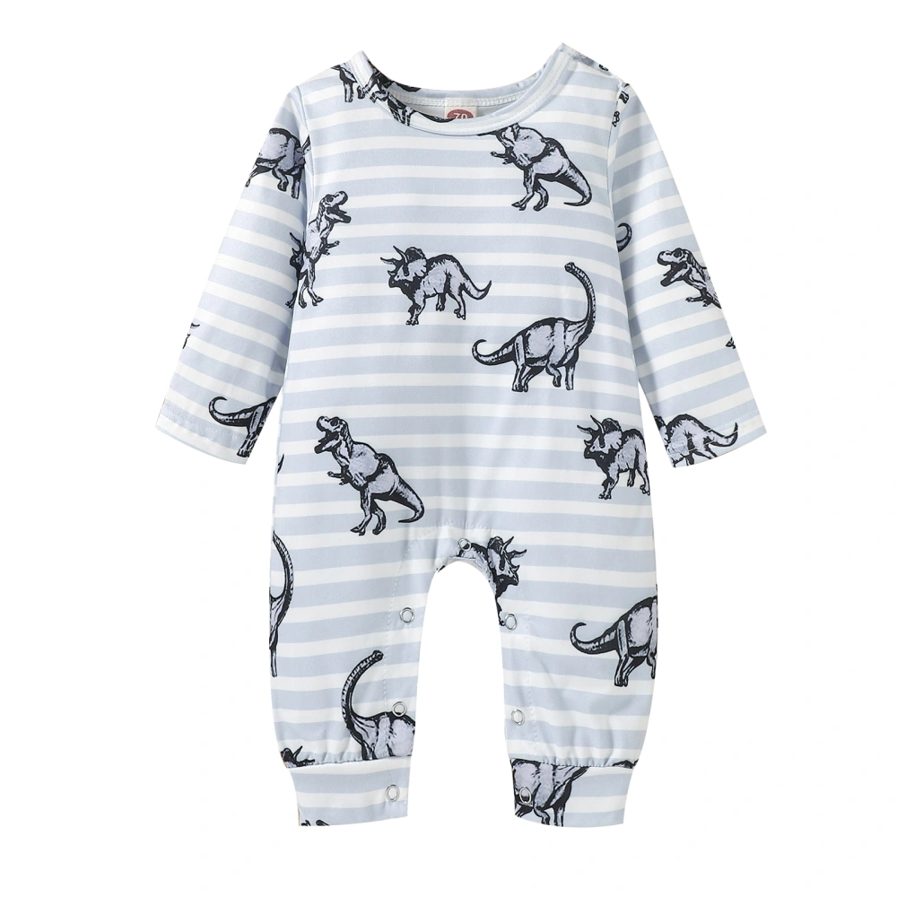 Baby Stripe Dinosaur Print Romper, Long Sleeve O-neck Jumpsuit