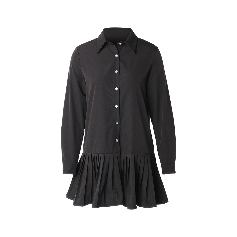 Woman's Solid Color Shirt One-piece Dress, Lapel Long Sleeve Pleated Skirt