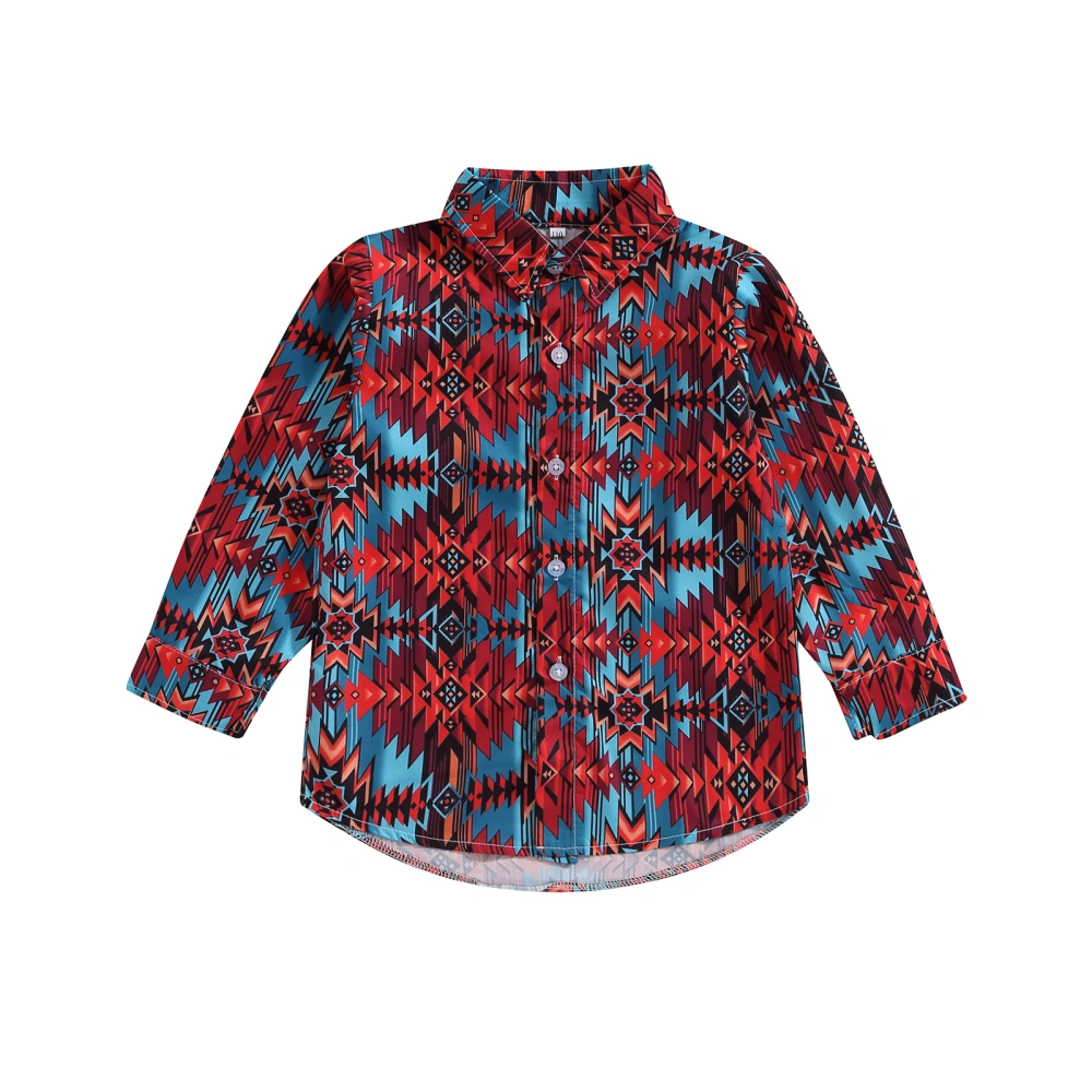 Boy Long Sleeve Western Shirt, Geometric Print Long Sleeve Lapel Tops