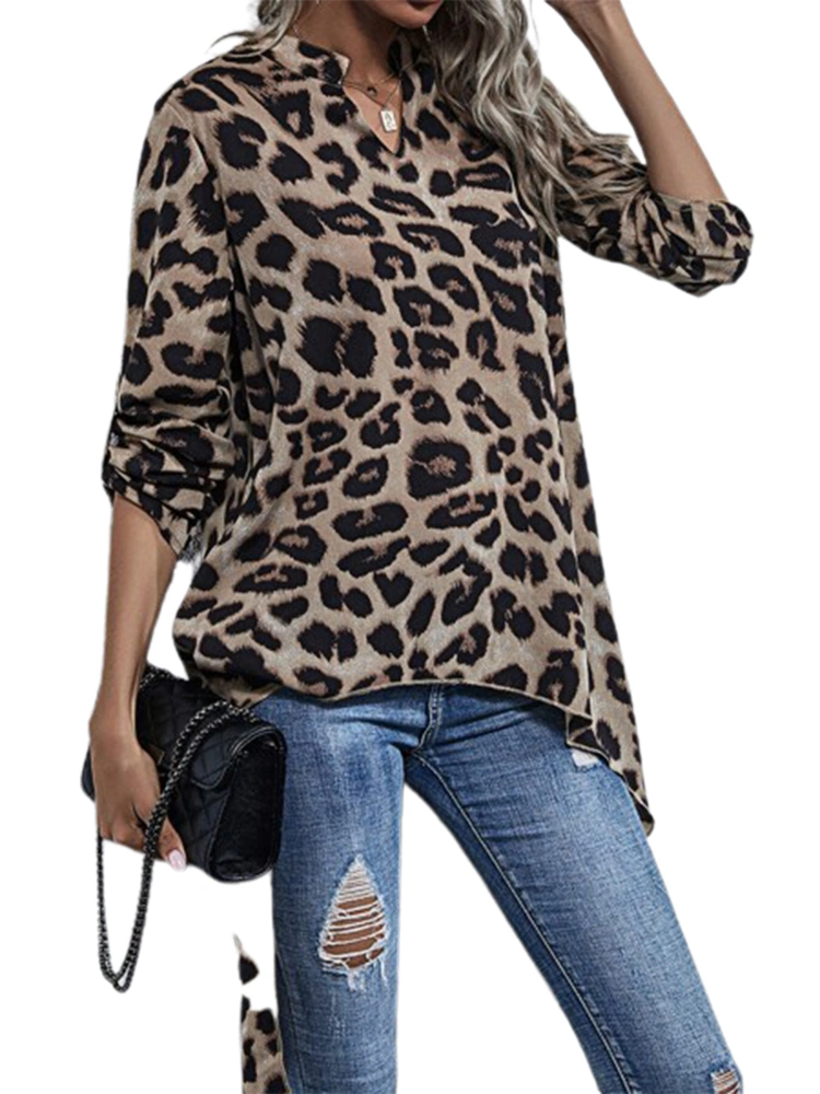 Women's Dress Leopard Printed Irregular Shirt V-neck Top for Female