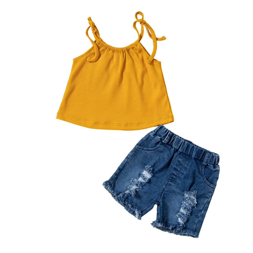 Baby Girl Summer Solid Color Tie-Up Camisole + Denim Ripped Shorts