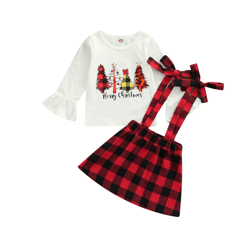 Christmas Printed Flare Sleeve Pullover + Tie-up Suspender Skirt