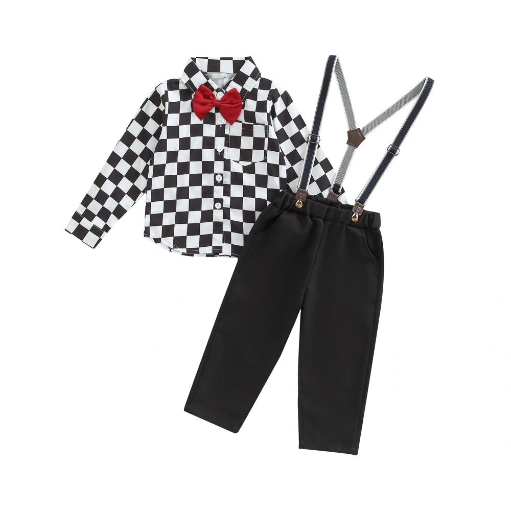 Boy's Clothes Outfit,  Checkerboard Blouse + Bow-Tie + Straps + Pants